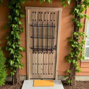 PUERTA RÚSTICA DE EXTERIOR DE MADERA CON REJA GRANDE Y POSTIGOS - Imagen 2